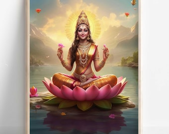Lakshmi, Goddess of Wealth, Goddess lakshmi, Lakshmi Art, Hindu Goddess Wall Art, Hindu God, Indian God, Poster Print, Canvas