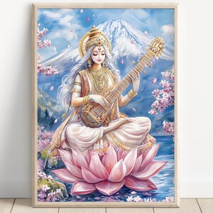 Saraswati at Mount Fuji, Goddess Saraswati, Goddess of Knowledge, Saraswati Art, Hindu Goddess, Hindu God Wall Art, Indian Goddess