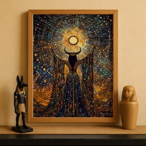Impresión de la diosa egipcia Hathor, arte mural de la diosa Hathor, decoración de la mitología egipcia antigua, obra de la diosa vaca sagrada, impresión de arte egipcio