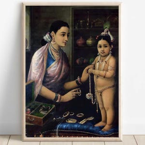 KRISHNA, Yashoda mit Baby Krishna, Krishna Malerei, Krishna Art, Vintage Art, indischer Gott, Poster, Leinwand