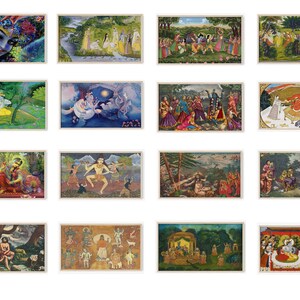Op de afbeelding: Een verzameling van 16 ingelijste schilderijen die sc&egrave;nes uit de hindoe&iuml;stische mythologie uitbeelden. De schilderijen zijn kleurrijk en gedetailleerd, met ingewikkelde ontwerpen en figuren. De schilderijen zijn tegen een witte achtergrond geplaatst.