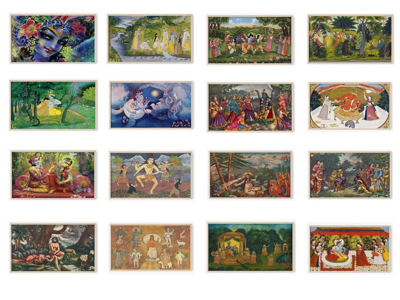 Op de afbeelding: Een verzameling van 16 ingelijste schilderijen die sc&egrave;nes uit de hindoe&iuml;stische mythologie uitbeelden. De schilderijen zijn kleurrijk en gedetailleerd, met ingewikkelde ontwerpen en figuren. De schilderijen zijn tegen een witte achtergrond geplaatst.