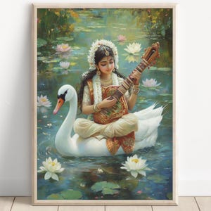 Saraswati, Goddess Saraswati, Goddess of Knowledge, Saraswati Art, Hindu Goddess, Hindu God Wall Art, Indian Goddess, Poster Print, Canvas