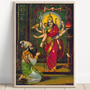 Hindu God Wall Art, Shivaji Maharaj meet the Goddess Bhavani , Colorful illustration, Indian God, Poster Print, Canvas Print