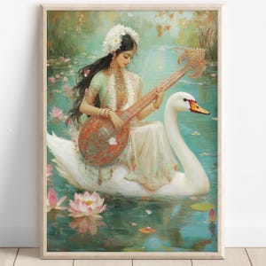 Saraswati, Goddess Saraswati, Goddess of Knowledge, Saraswati Art, Hindu Goddess, Hindu God Wall Art, Indian Goddess, Poster Print, Canvas