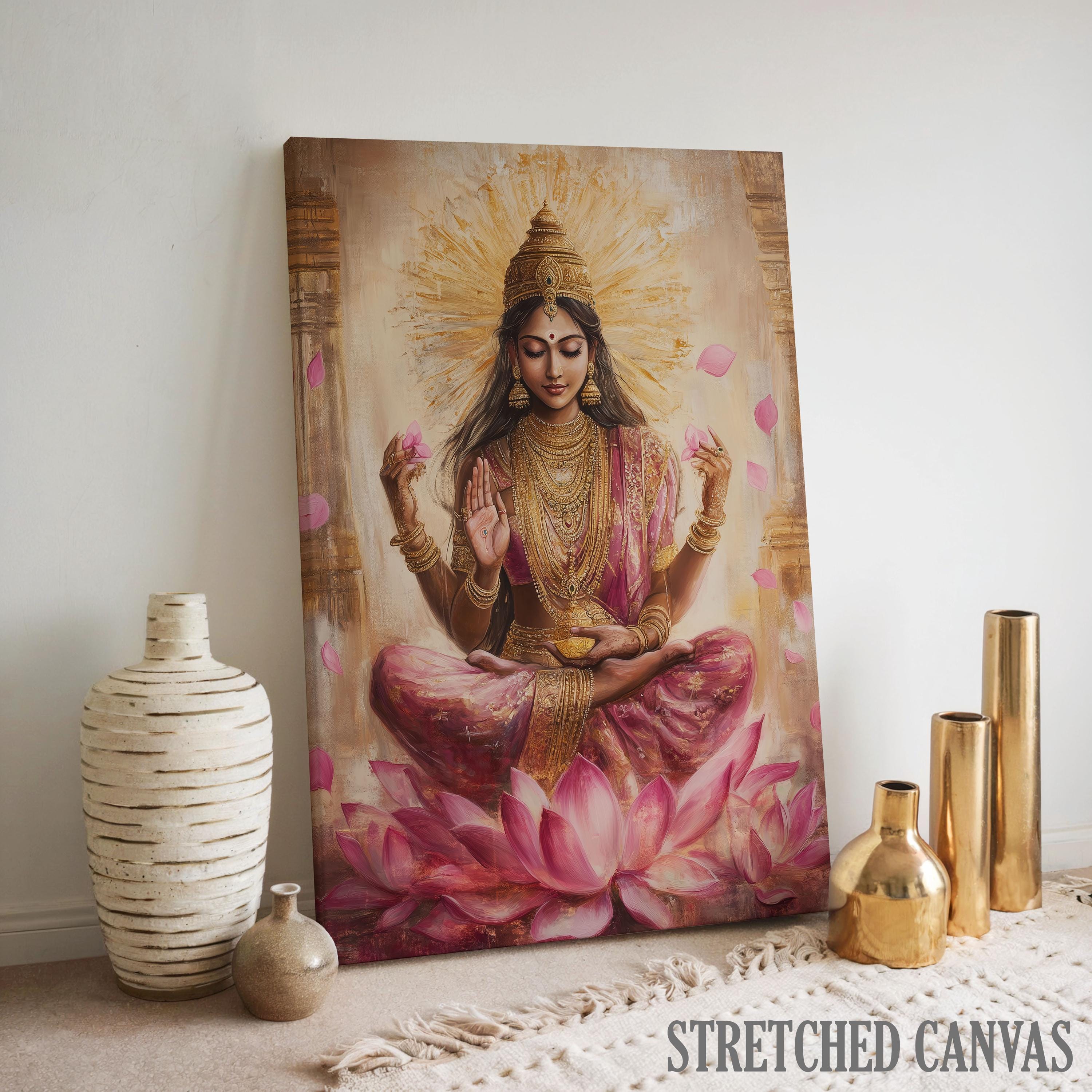 希少、ヒンドゥー教、ラクシュミー、インドの女神、キャンバスアート、裏面フック付き 希少、ヒンドゥー教、ラクシュミー、インドの女神、キャンバスアート