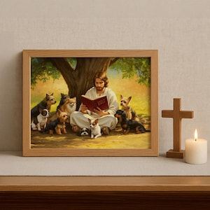 Christian Art, Jesus reading to Dogs, Jesus Christ with Dogs, Bible Art, Jesus Christ Painting, Jesus Christ, Jesus will save you