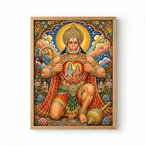 May include: A framed wall art print depicting the Hindu deity Hanuman kneeling, with hands pulling apart the chest to reveal an image of Rama and Sita inside a heart. The artwork features vibrant colours, floral borders, and a golden mace.