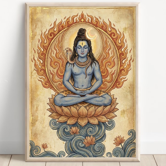 Lord Shiva Meditation Wall Art Mahadev Lotus Painting Hindu