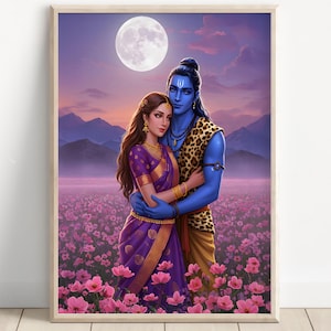 Shiva and Parvati, God Shiva, Parvati, Shiv Parvati Hindu God, Shiv Art, Indian God, Shiva Wall Art, Shiv Painting, Poster Print, Canvas