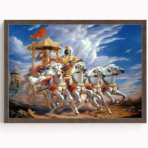 Krishna e Arjun, Mahabharat, Geeta, Geeta Saar, pintura de Krishna, arte de Krishna, arte vintage, deus indiano, impressão de pôster, tela