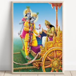 Krishna and Arjun, Mahabharat, Geeta, Geeta Saar, Krishna painting, Krishna Art, Vintage Art, Indian God, Poster Print, Canvas