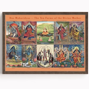 Puede incluir: Impresión enmarcada con ilustraciones de las diez formas de la Madre Divina, cada una representada en colores vibrantes. La obra de arte incluye texto en inglés, con cada forma etiquetada. El marco es de color marrón oscuro.