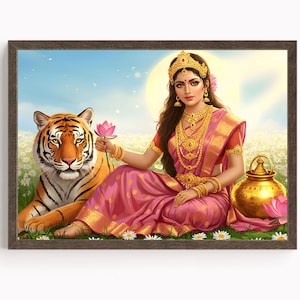 Durga, Goddess Durga, Durga Art, Durga Painting, Hindu Goddess Wall Art, Tiger Goddess, Indian God, Poster Print, Canvas
