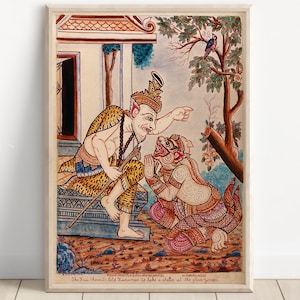 A scene from the Ramayana the hermit telling Hanuman to take shelte , Thai painting, Lord Hanuman, Ram, Lakshman, Ramayan