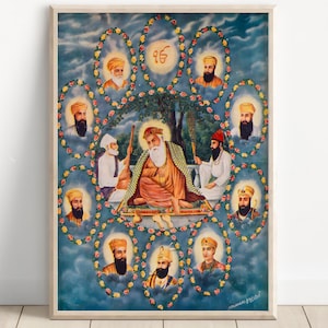 Ten Sikh Gurus Painting | Guru Nanak Dev Ji to Guru Gobind Singh Ji | Sikhism Religious Wall Art | Divine Heritage Canvas Poster