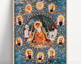 Dipinto dei dieci guru sikh / Guru Nanak Dev Ji a Guru Gobind Singh Ji / Arte murale religiosa sikh / Poster su tela dell'eredità divina