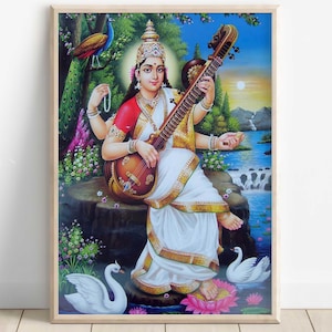 Saraswati, Goddess Saraswati, Goddess of Knowledge, Saraswati Art, Hindu Goddess, Hindu God Wall Art, Indian Goddess, Poster Print, Canvas