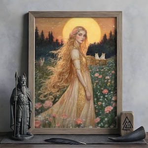 Freyja Wall Art, Norse Mythology Decor, Viking Goddess Artwork, Goddess of Love and War, Nordic Wall Art, Freyja with Cats and Brísingamen
