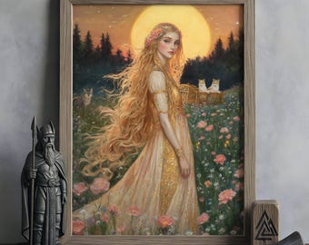 Freyja Wandkunst, Nordische Mythologie Dekoration, Wikinger Göttin Kunstwerk, Göttin der Liebe und des Friedens, Nordische Wandkunst, Freyja mit Katzen und Brísingamen
