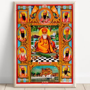Das Guru Sikh Poster | 10 Sikh Gurus Wall Art | Guru Nanak Dev Ji and Harmandir Sahib | Punjabi Spiritual Canvas & Framed Print