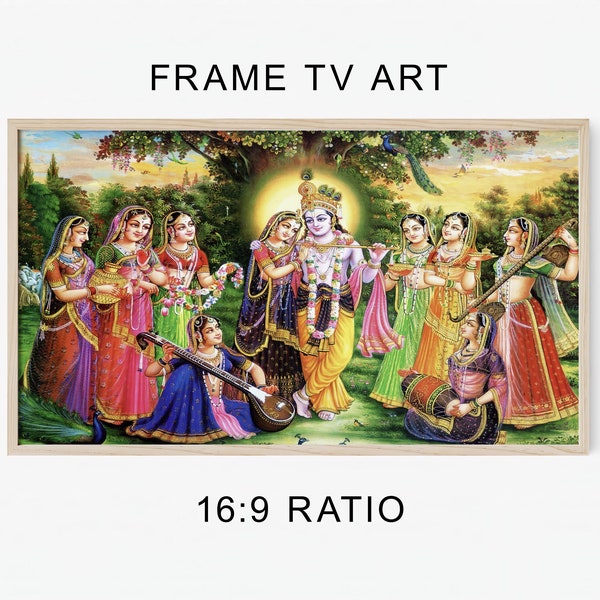 Samsung Frame TV Art, KRISHNA with Radha and Gopis, Vintage Art, Digital Download, TV, High Resolution 4k Photo