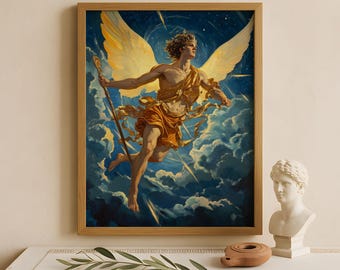 Arte mural de Hermes, dios de los mensajeros, el comercio y los ladrones, póster de dioses griegos, decoración de dioses griegos, arte mural de dioses griegos, arte del dios griego Hermes