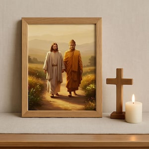 Buda y Jesús caminando juntos, impresión de arte religioso, arte mural espiritual en lienzo, Dios es uno, pintura de Jesús y Buda