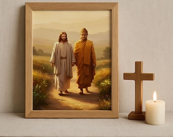 Buddha and Jesus Walking Together, Religious Art Print, Spiritual Canvas Wall Art, God Is One, Jesus and Buddha painting
