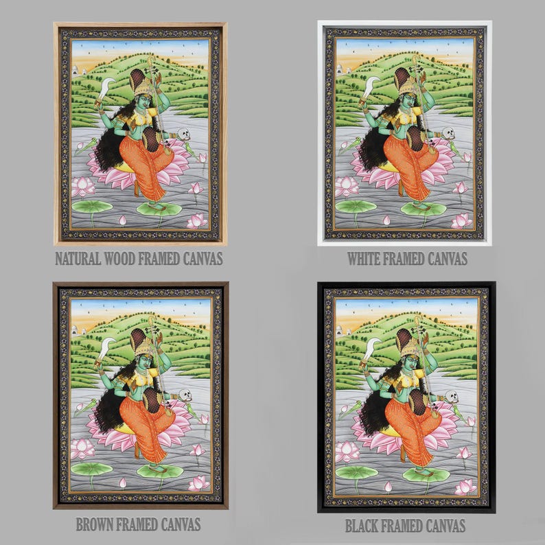 K&ouml;nnte beinhalten: Vier gerahmte Leinwanddrucke mit einer lebendigen Illustration einer Gottheit. Die Gottheit wird mit gr&uuml;ner Haut, orangefarbener Kleidung und dunklen Haaren dargestellt, vor einer Landschaft mit einer Lotusblume. Die Rahmen sind in Naturholz, Wei&szlig;, Braun und Schwarz erh&auml;ltlich.