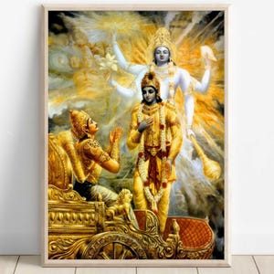 Krishna e Arjuna, Mahabharat, Geeta Saar, Krishna, pintura de Krishna, arte de Krishna, arte vintage, deus indiano, impressão de pôster, tela