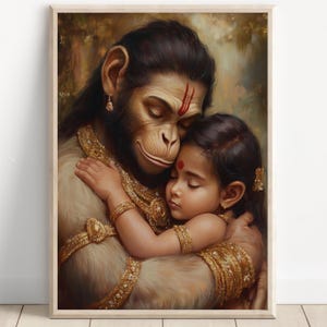 Hanuman, Hanuman with child, Lord Hanuman, Hanuman Art, Hindu God,  Hindu God Wall Art, Indian God, Canvas Print, Poster Print