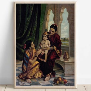 Krishna, Baby Krishna sitzt auf dem Schoß von Yashoda, Hindu Gott Wand Kunst, Raja Ravi Varma, Vintage Kunst, Indischer Gott, Poster Druck, Leinwand