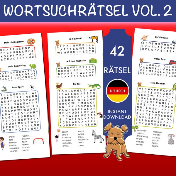 42 deutsche Wortsuchrätsel Vol. 2 für Kinder | Buchstabensalat Worträtsel zum Ausdrucken | einfache Suchsel ab 7 J. | Wortgitter Klasse 2