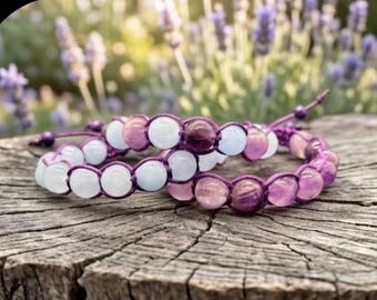 Amethyst Aquamarine Hemp Mala Bracelets, Stackable Boho Healing Crystal Jewelry 10mm