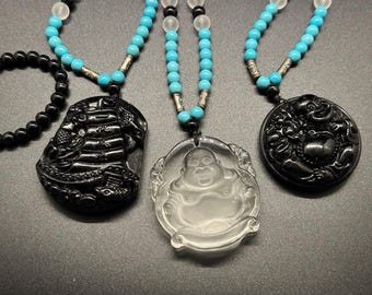 Obsidian & White Jade Happy Buddha | War Ship Pendant | Spiritual Mala Necklace Jewelry 28"