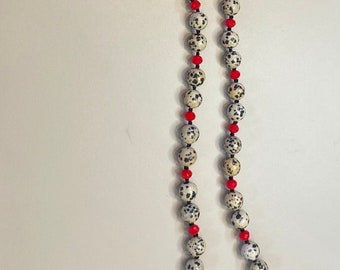 34" Necklace Spotted Black Dalmatian Jasper and Red Glass Bead, Silver Clasp, Handcrafted, One of a Kind