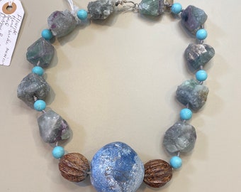 19" Heavy Necklace, Blue Fluorite, Antique Norway Wood, Handmade Mexican Bead, Silver Clasp, Original One of a Kind Handcrafted Fine Art