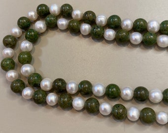 50" Long Necklace, Pearl and Jade, Silver Clasp, Handcrafted Original One of a Kind