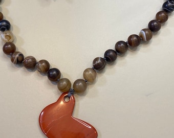 19" Necklace Red Jasper Pendant, Stripe Agate Beads, Silver Clasp, Handcrafted Pendant One of a Kind