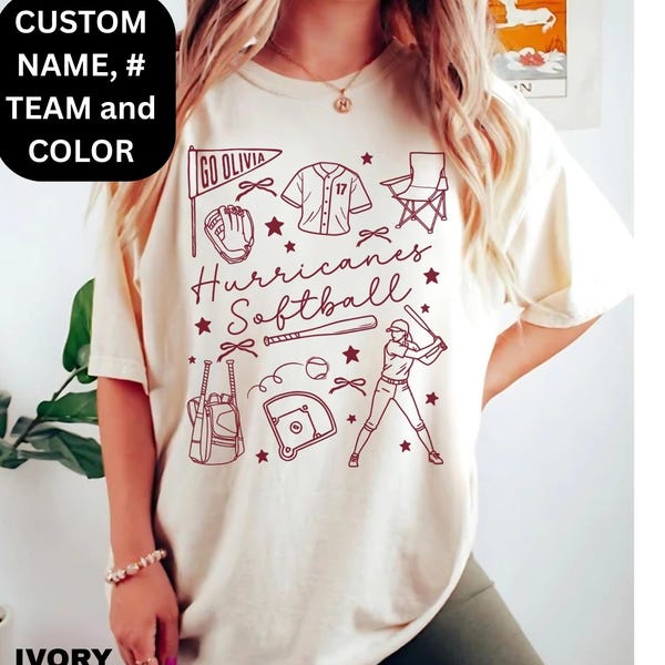 Custom softball shirt, softball mom gift, personalized game day t-shirt, softball team, name and number, softball season, comfort colors