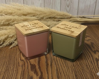 Scented candle in glass with personalized wooden lid