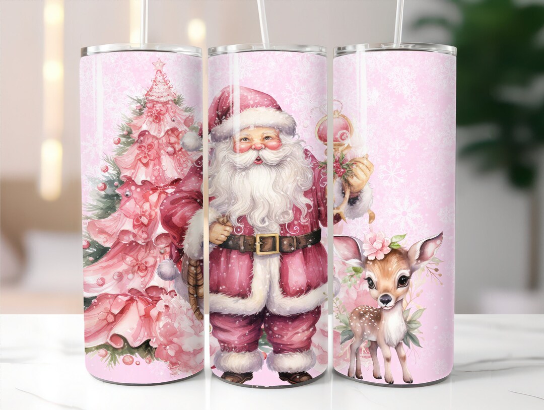 Pink Santa Christmas Tumbler Wrap 20 Oz Skinny Pink Winter Tumbler ...
