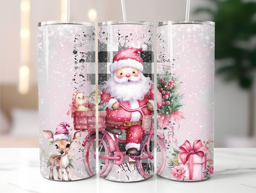 Pink Santa Christmas Tumbler Wrap 20 Oz Skinny Pink Winter Tumbler ...