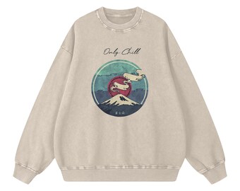 May include: Beige sweatshirt with a circular graphic featuring a red sun, white clouds, and a mountain scene. The text "Only Chill" is above the graphic. The Japanese text "富士山" is below the mountain.