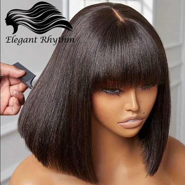 Short Bob Wig With Bangs Brazilian Remy Human Hair Wigs Full Machine Lace Realistic Scalp Glueless Straight Bob Wig With Bangs, 180 Dencity.