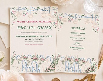 May include: A wedding invitation and details card set on cream paper featuring a line art illustration of hanging lanterns, floral vines, and a dining table. The text reads WE'RE GETTING MARRIED, AMELIA + JULIAN, and includes event details.