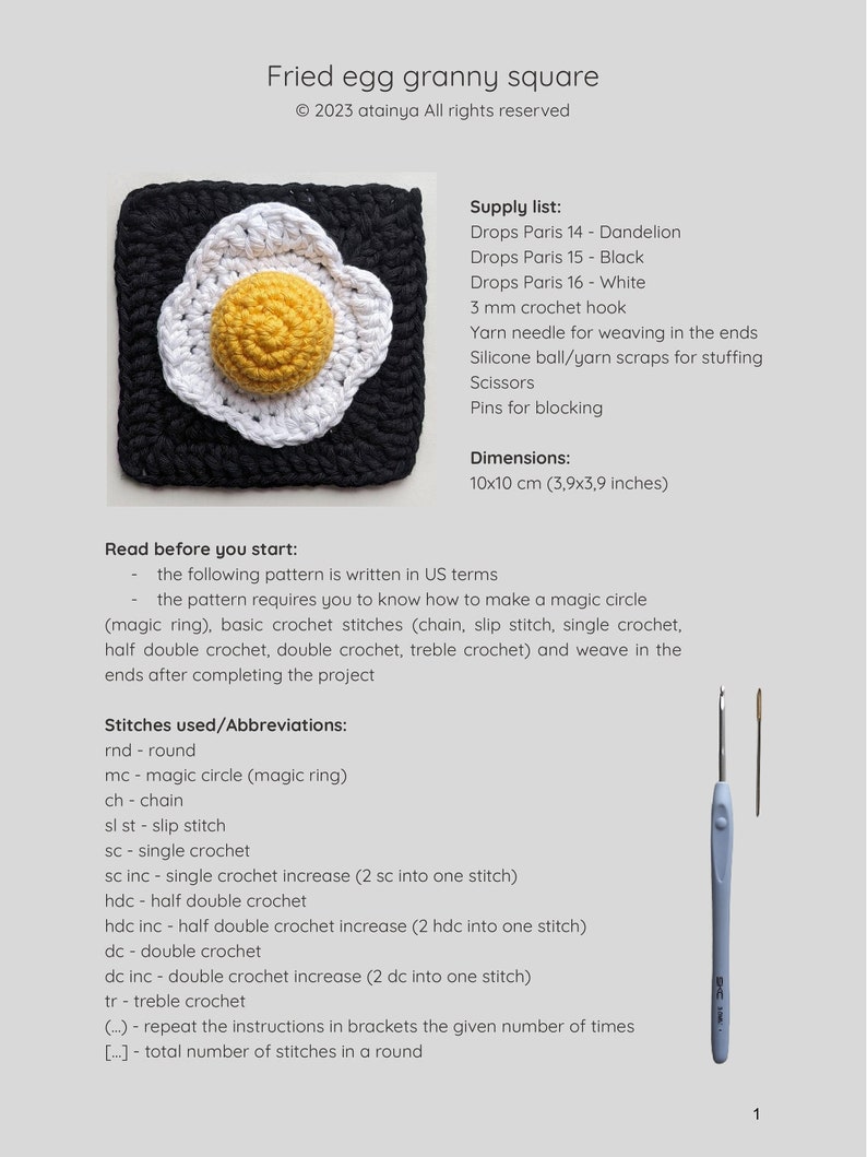 Easy granny square fried egg crochet PDF PATTERN | Step-by-step tutorial in English with photos | Beginner friendly image 2