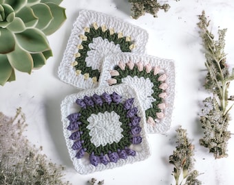 PATRÓN PDF de 3 cuadrados de abuela con flores minimalistas fáciles de tejer / Tutorial paso a paso en español con fotos / Apto para principiantes