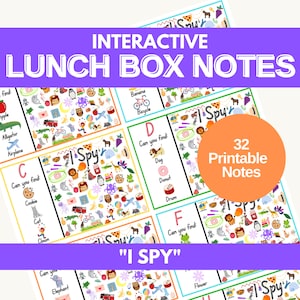 Lunch Box Notes for Kindergarten Non Reader Kids  - 32 Printable Lunch Notes - I Spy Letters and Colors - Digital Download Print at Home